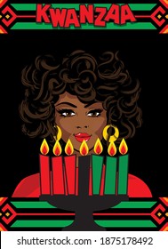 Greeting card for Kwanzaa with African women. Vector illustration. Happy Kwanzaa decorative greeting card. seven kwanzaa candles in vector.