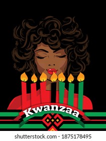 Greeting card for Kwanzaa with African women. Vector illustration. Happy Kwanzaa decorative greeting card. seven kwanzaa candles in vector.