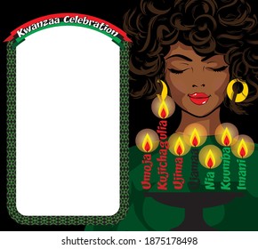 Greeting card for Kwanzaa with African women. Vector illustration. Happy Kwanzaa decorative greeting card. seven kwanzaa candles in vector.