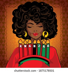 Greeting card for Kwanzaa with African women. Vector illustration. Happy Kwanzaa decorative greeting card. seven kwanzaa candles in vector.