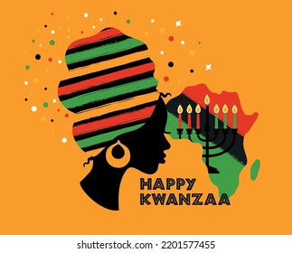 Greeting card for Kwanzaa with African women. Vector illustration. Happy Kwanzaa decorative greeting card. seven kwanzaa candles in vector.