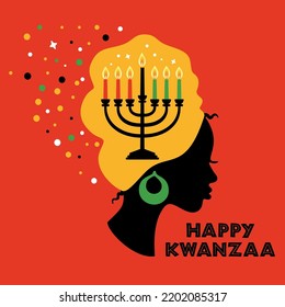 Greeting card for Kwanzaa with African women. Vector illustration. Happy Kwanzaa decorative greeting card. seven kwanzaa candles in vector.