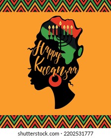 Greeting card for Kwanzaa with African women. Vector illustration. Happy Kwanzaa decorative greeting card. seven kwanzaa candles in map Africa.