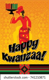 Greeting card for Kwanzaa with African women. Vector illustration. Happy Kwanzaa decorative greeting card. seven kwanzaa candles in vector.