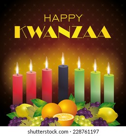 Greeting card for Kwanzaa depicting seven candles and fruit. Vector illustration.