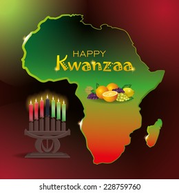 Greeting card for Kwanzaa with the image of Africa, kinara, seven candles and fruit. Vector illustration.