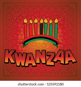 Greeting card for Kwanzaa with seven kwanzaa candles in vector . Vector illustration. Happy Kwanzaa decorative greeting card.