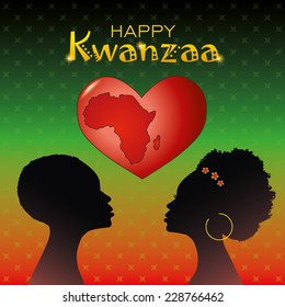 Greeting card for Kwanzaa with silhouette of couple of Africans and heart with the mark of contours of Africa. Vector illustration.