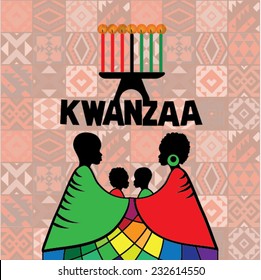 Greeting card for Kwanzaa with silhouette of couple of Africans. Vector illustration. Happy Kwanzaa decorative greeting card. seven kwanzaa candles in vector