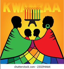 Greeting card for Kwanzaa with silhouette of couple of Africans. Vector illustration. Happy Kwanzaa decorative greeting card. seven kwanzaa candles in vector