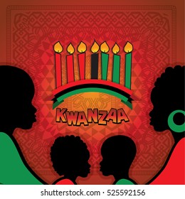 Greeting card for Kwanzaa with silhouette of couple of Africans. Vector illustration. Happy Kwanzaa decorative greeting card. seven kwanzaa candles in vector