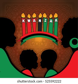 Greeting card for Kwanzaa with silhouette of couple of Africans. Vector illustration. Happy Kwanzaa decorative greeting card. seven kwanzaa candles in vector