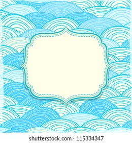 Greeting Card with Label on Light Blue and Yellow Ocean Waves Background