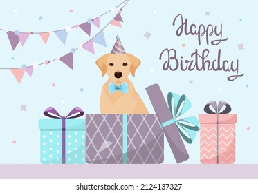 A greeting card with a Labrador. Happy Birthday. Cartoon design.
