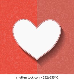  Greeting card with lace pattern and paper stitched thread heart with shadow congratulations to Valentine's day