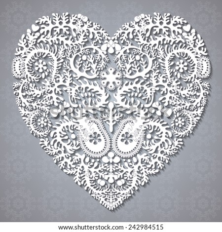 Greeting card with lacy heart. Lacy heart with shadow. Can represent love, Valentine's Day, romance.