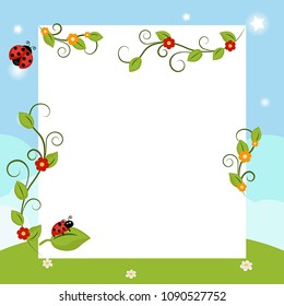 Greeting card with ladybug. Background with flower and ladybug.