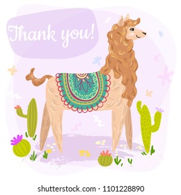 Greeting card. Lama in the desert with cactuses and flowers on a pink background. Thank you