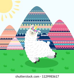 Greeting card with lama unicorn and mountain cartoon landscape. Template for printing, web design, postcard