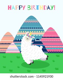 Greeting card with lama unicorn and mountain cartoon landscape. Template for printing, web design, postcard