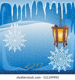 greeting card with lantern and snowflakes