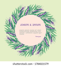 greeting card  with lavender flowers, branches and leaves decoration. vector illustration design