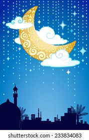 Disposición de tarjetas de felicitación con luna creciente, estrellas, nubes y silueta de casas tradicionales del medio oriente. 
