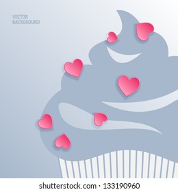 Greeting card layout with cupcake and paper heart shapes. Vector illustration.