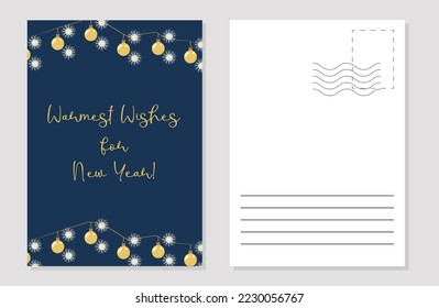 the greeting card layout is decorated with snowflakes and golden Christmas balls