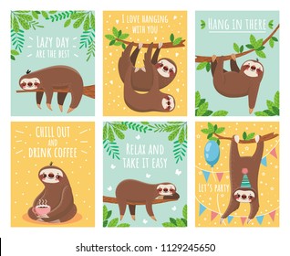 Greeting card with lazy sloth. Cartoon cute sloths cards with motivation for party sleepy pajama child t-shirt and congratulation birthday text. Slumber branch fun animals colorful illustration set