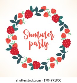 Greeting card with leaves, wild strawberry and raspberry on white background. Berry wreath, circle frame. Perfect for summer holidays. Vector illustration.