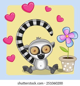 Greeting card Lemur with heart and flower 