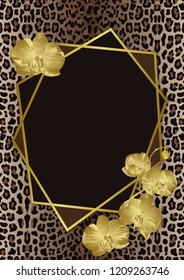 Greeting Card with leopard print, gold orchids and geometric frame