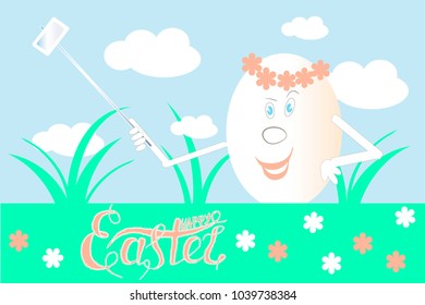 Greeting card lettering Happy Easter. Smiling white egg in a wreath of pink flowers makes selfie, blue sky background, green grass, for advertising, for mobile cell, for social networking stock vector