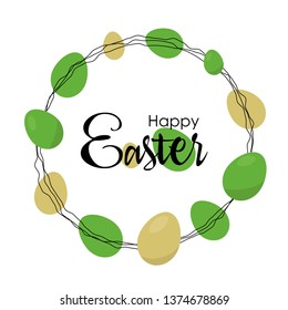 Greeting card with lettering Happy Easter in frame. Frame made of easter eggs.