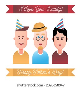 Greeting card with lettering Happy Father's Day and I love you. Greetings and presents for Father's Day in flat styling. Holiday attributes - a festive cap, ribbon. The male characters are smiling.