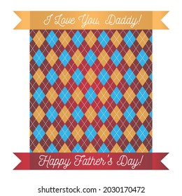 Greeting card with lettering Happy Father's Day. Greetings and presents for Father's Day in flat styling. Holiday attributes and attributes of the Father's Day holiday - rhombus, ribbons.