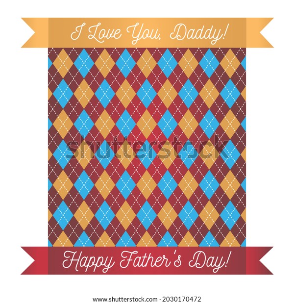 Greeting\
card with lettering Happy Father\'s Day. Greetings and presents for\
Father\'s Day in flat styling. Holiday attributes and attributes of\
the Father\'s Day holiday - rhombus,\
ribbons.