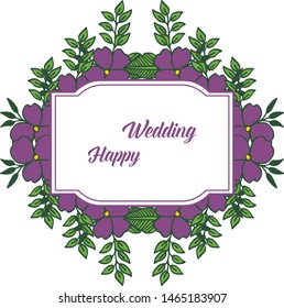 Greeting card, lettering of happy wedding, with purple flowers in a frame with an ornament. Vector