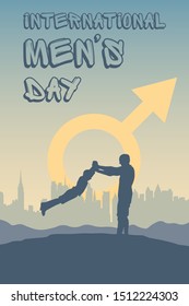 Greeting card with lettering International Men's Day and silhouette of men and boy on background of adventure landscape with hills and sky away from a city. Dad twirls his son in his arms in nature.