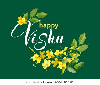 Greeting card with lettering and konna flower branch (cassia fistula) for South Indian New Year festival Vishu (Vishukani). Vector illustration.