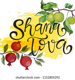 Greeting card with lettering Shana Tova. Pomegranate and apple. Vector stock.