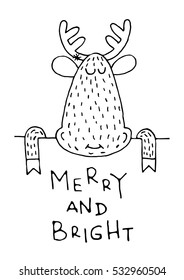 Greeting card with lettering, wishes, holiday Christmas or New Year. Christmas, lettering written underneath drawn cartoon animals