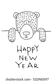 Greeting card with lettering, wishes, holiday Christmas or New Year. Christmas, lettering written underneath drawn cartoon animals
