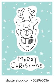 Greeting card with lettering, wishes, holiday Christmas or New Year. Christmas, lettering written underneath drawn cartoon animals