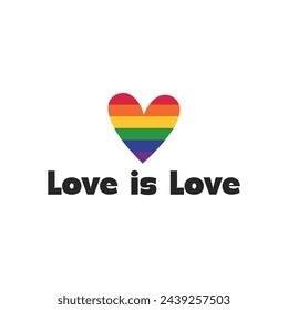 Greeting card for LGBTQIA. Heart in LGBT rainbow flag colors and Love is love queer slogan for social media post, poster, banner, print. Vector