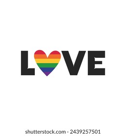 Greeting card for LGBTQIA on white background. Love text with heart in LGBT rainbow flag colors for social media post, poster, banner, print. Vector format