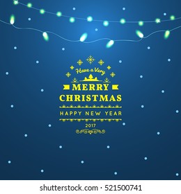 Greeting card light background. Merry Christmas holidays wish design and Garlands decoration. Happy new year message. Vector illustration
