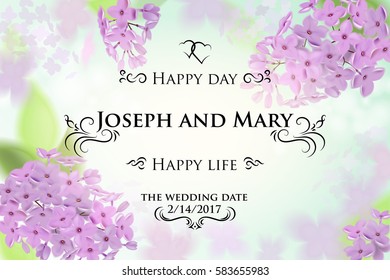 Greeting card with lilac, can be used as invitation card for wedding, birthday and other holiday and summer, spring background. Vector illustration.