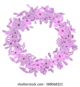 Greeting card with lilac, can be used as invitation card for wedding, birthday and other holiday and summer, spring background. Round frame for text flower, delicate wreath. Vector illustration EPS10